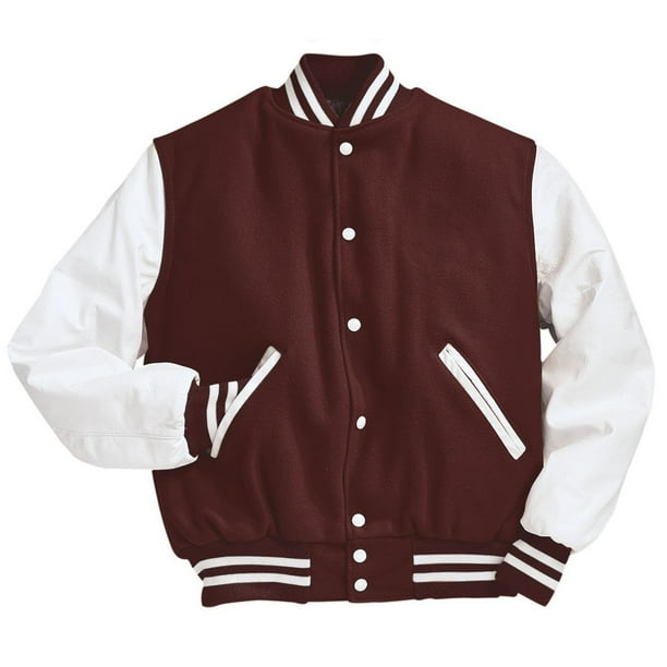 Maroon and white varsity jacket sale