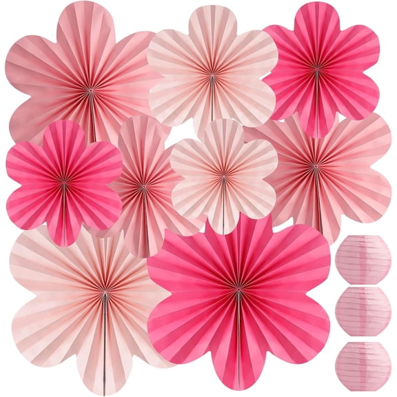 FULANDL 12 Pcs Paper Flowers,Pink Party Decorations, Pastel Floral Backdrop Paper Fans Flowers with 3 Lanterns for Decoration Wall Birthday Party
