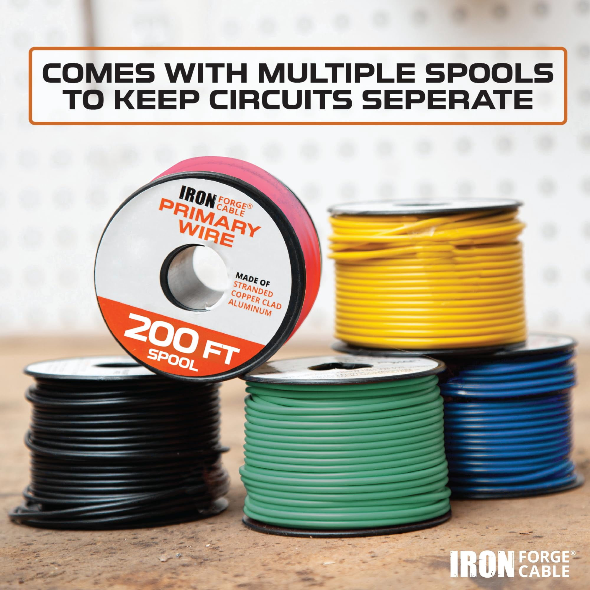 Iron Forge Cable 18 Gauge Primary Automotive Wire - 5 Roll Assortment Pack - 200 Ft of Copper Clad Aluminum Wire per Roll - for Home or Automotive
