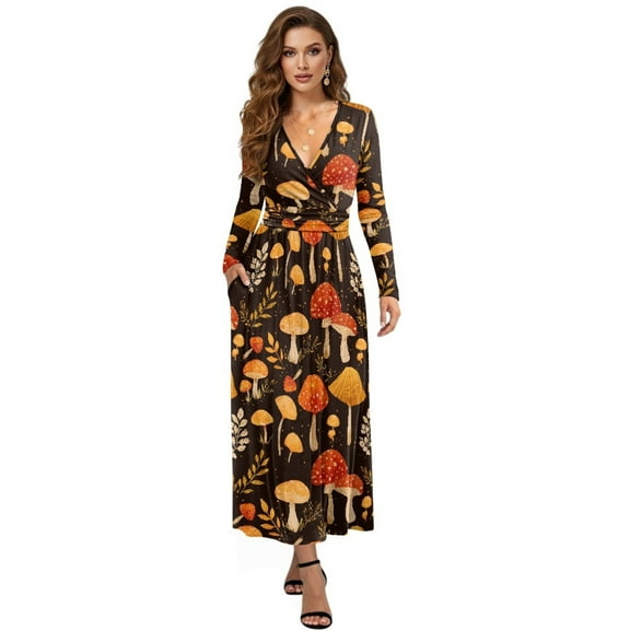 Tutolipy Mushroom Floral Printed Womens Dresses Long Sleeve Midi Dress V Neck A Line Dress Wedding Guest Holiday Beach Long Dresses with Pockets, L