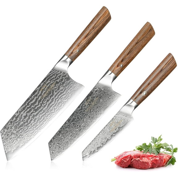 HAOYUE Damascus Kitchen Knife Set, 3 Pieces Japanese Style Kitchen Knives 67 Layer Forged Damascus VG10 Steel, lightweight Wood Ergonomic Handle for Cooking Knives Set