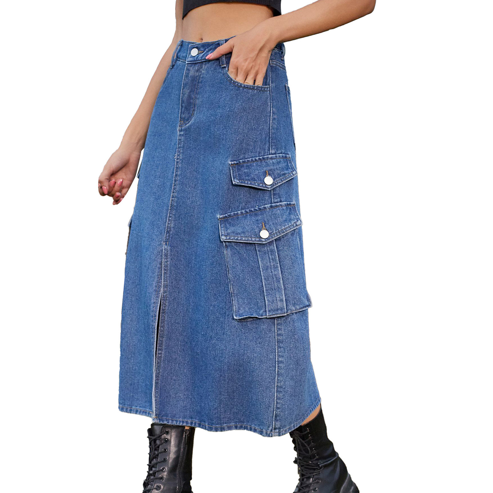 Maxi Denim Skirt Chouyatou Women's Vintage Distressed Short Sleeve