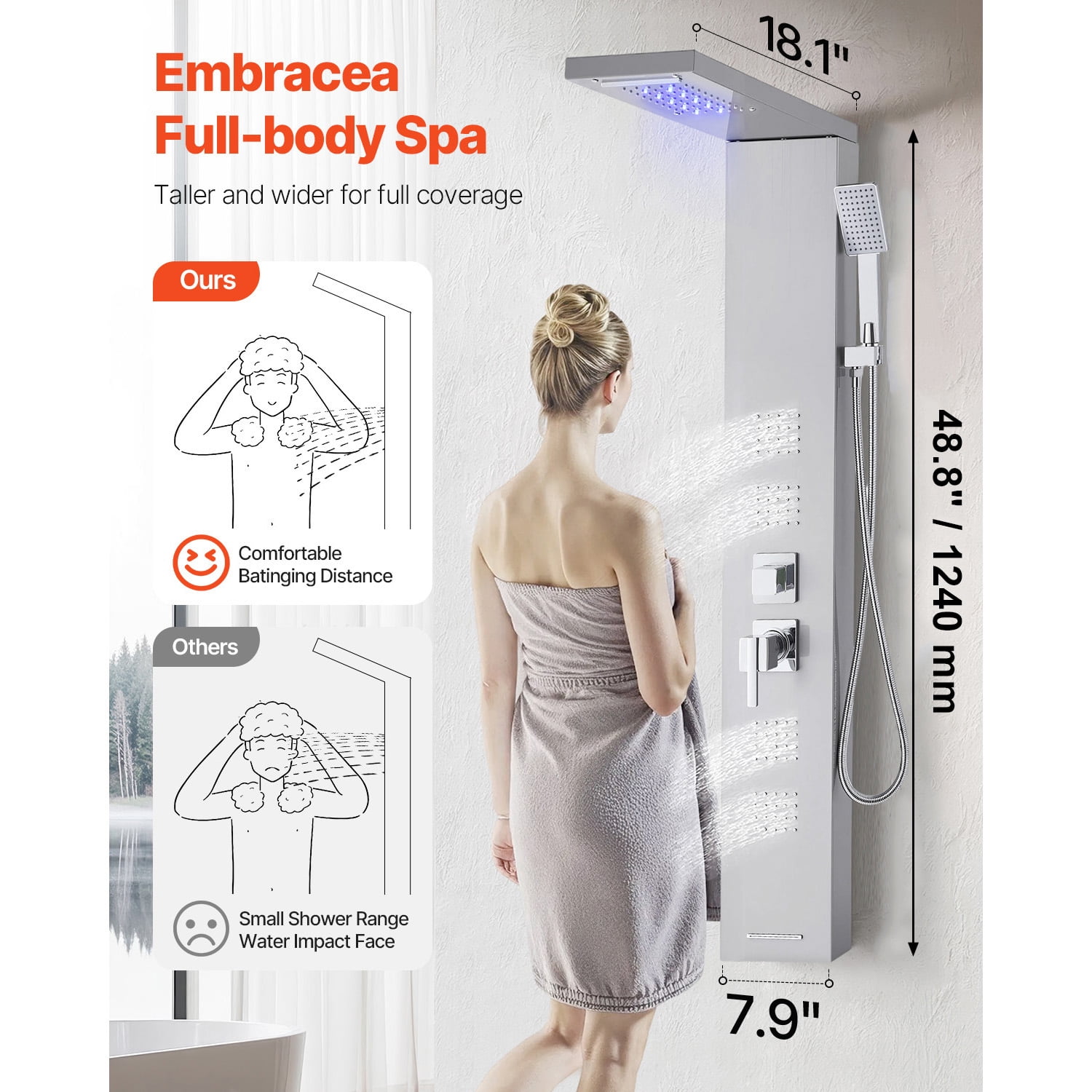 KFFKFF Shower Panel Tower System, Incorporating Rainfall Waterfall Shower Head, LED, 53 in Brushed Stainless Steel Shower Column, 5-Function Faucet, Wall-Installed Rain Massage System