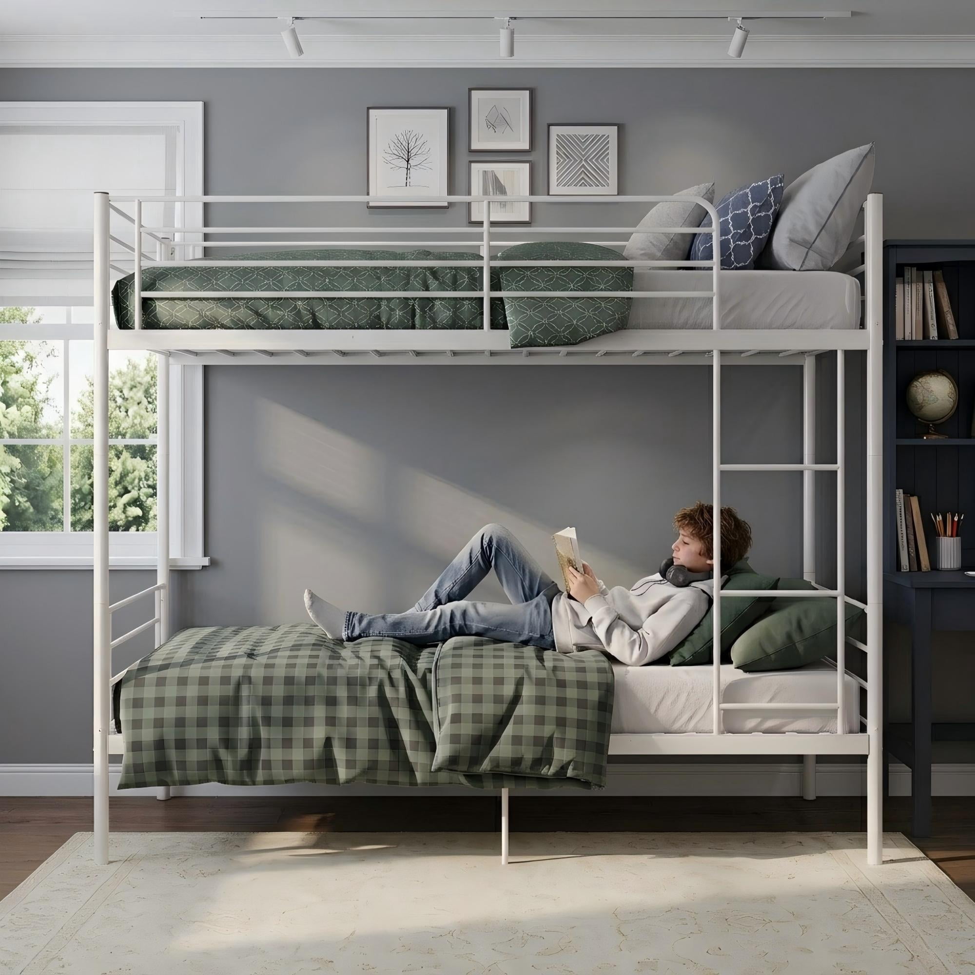 Aukfa Twin over Twin Metal Bunk Bed, Heavy Duty Convertible Bunk Bed Frame Separates into 2 Twin Beds, White