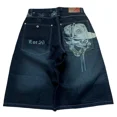 Y2K Style Gothic Shorts Men Graphic Print Retro Blue Baggy Denim Gym
