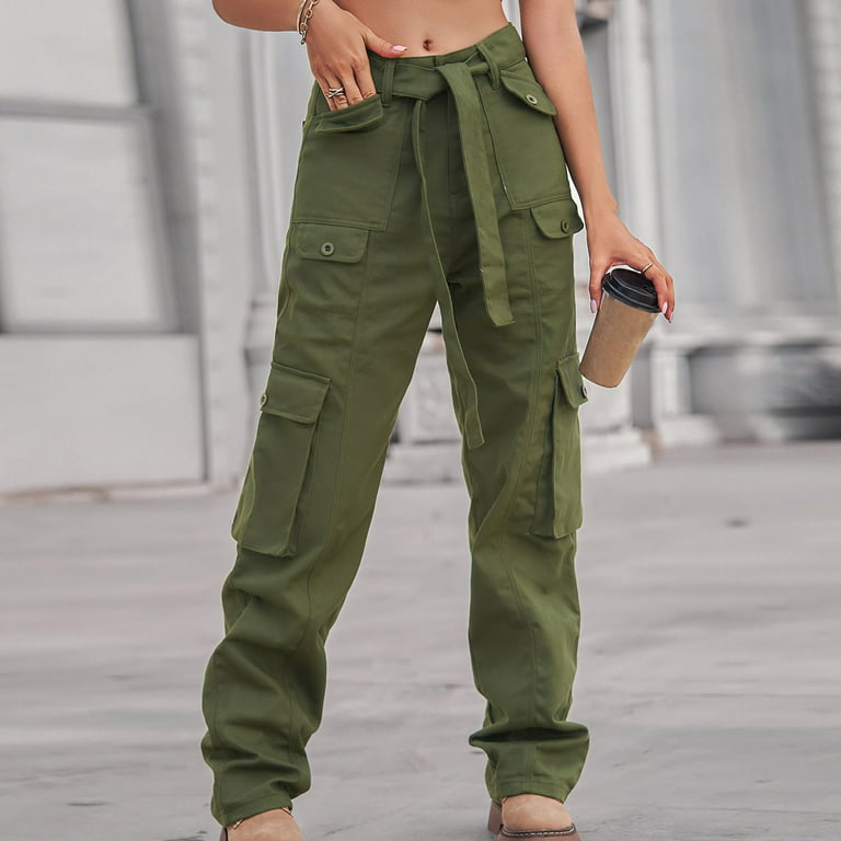RQYYD Cargo Pants Women Casual Loose High Waisted Straight Leg Baggy Pants  Trousers Lightweight Outdoor Travel Pants with Pockets(Army Green,XXL) 