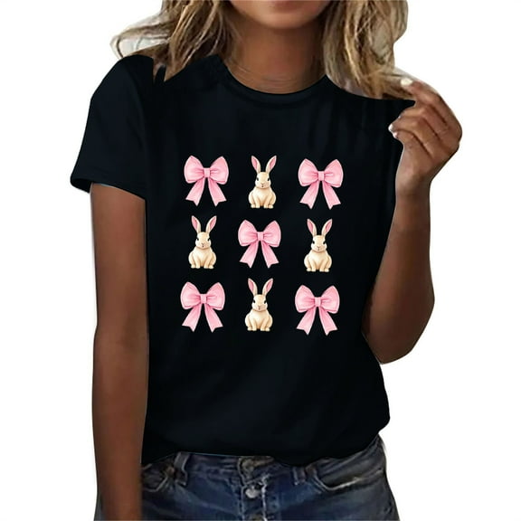 QUNYINEY Pullover Women Shirts Casual Short Sleeve Easter Crew Neck Tops Funny Loose Women's Tops