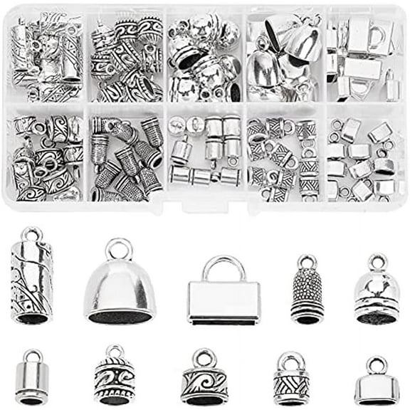 100pcs Cord Ends Caps 10 Styles Tibetan Alloy Leather Cap Glue in Barrel End Caps Antique Silver Tube Crimp Beads End Caps Thread Ends for Kumihimo Jewelry Making Bracelet Necklace