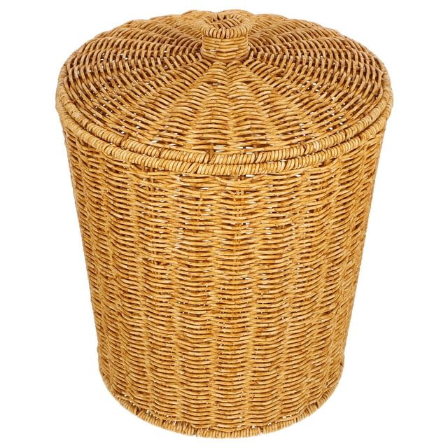 EXHUMKY Rustic PP Trash Can with Lid Light Brown Woven Basket for Multi-Use Household Storage