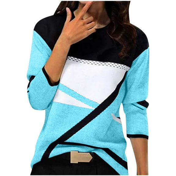 Dezsed Womens Casual Long Sleeve Tops Crew Neck Cute Pullover Relaxed Fit Shirt Geometry Printed Sweatshirt Blue M