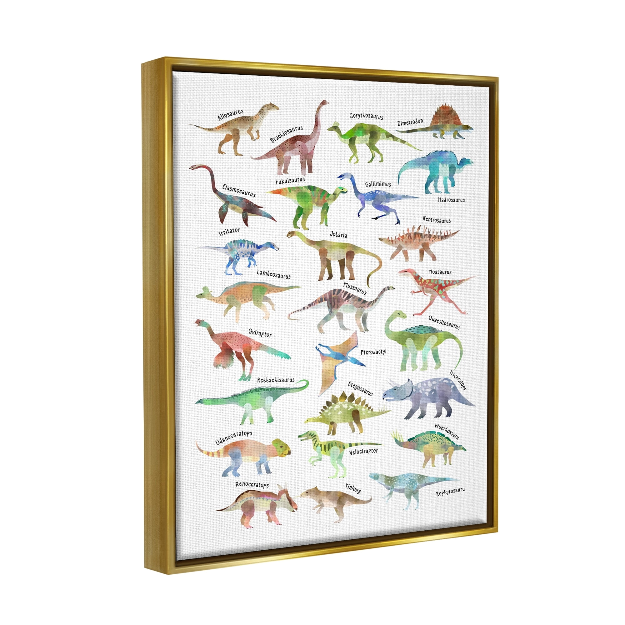 Stupell Industries Children's Dino Chart Dinosaur Reptile Fantasy Fun Watercolor Metallic Gold Framed Floating Canvas Wall Art, 16x20, by Ziwei Li