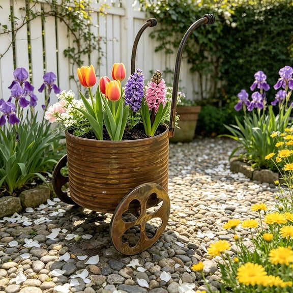 Honmine Vintage Metal Hand Iron Flower Pot Wagon with Wheels, Rustic Planter Cart for Outdoor Porch Patio Balcony, Decorative Living Room Gift Farmhouse Style Container