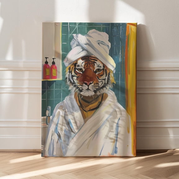 Trendy Tiger Art, Bathroom Decor, Maximalist Fine Art Print, Eclectic Wall Art, Apartment Decor, Teal Wall Art, Grandmillennial Art Prints Wall Art, Modern Wall Decor For Living Room, 8x12 UNFRAMED