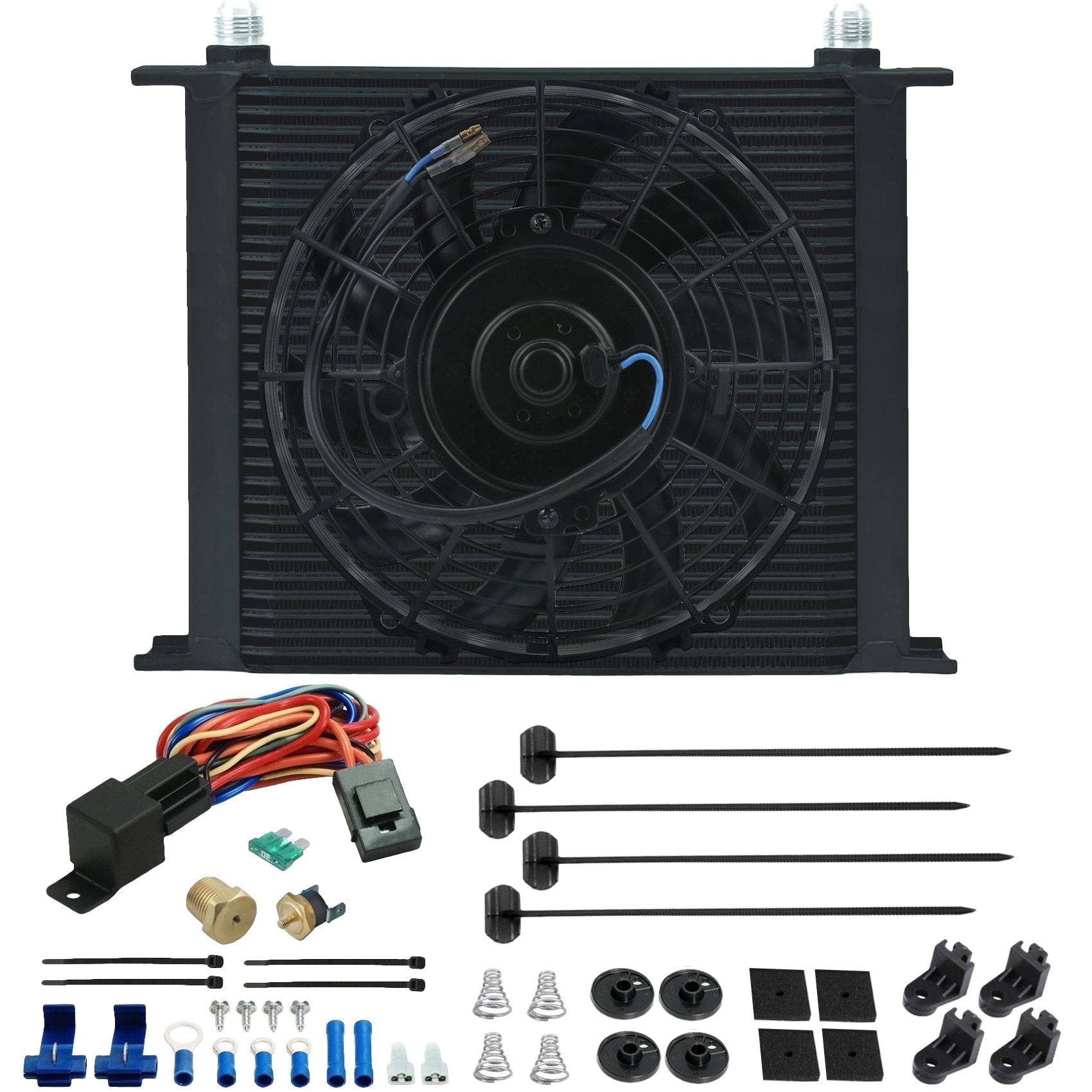 180F On - 165F Off American Volt Heavy Duty 11 Transmission Oil Cooler 9 Inch Electric Fan & Push-in Probe Thermostat Switch Kit