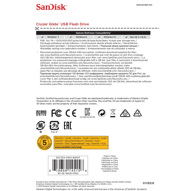 SanDisk 16GB Cruzer Glide USB 2.0 Flash Drive, 3 Pack - SDCZ60-016G-AW46T
