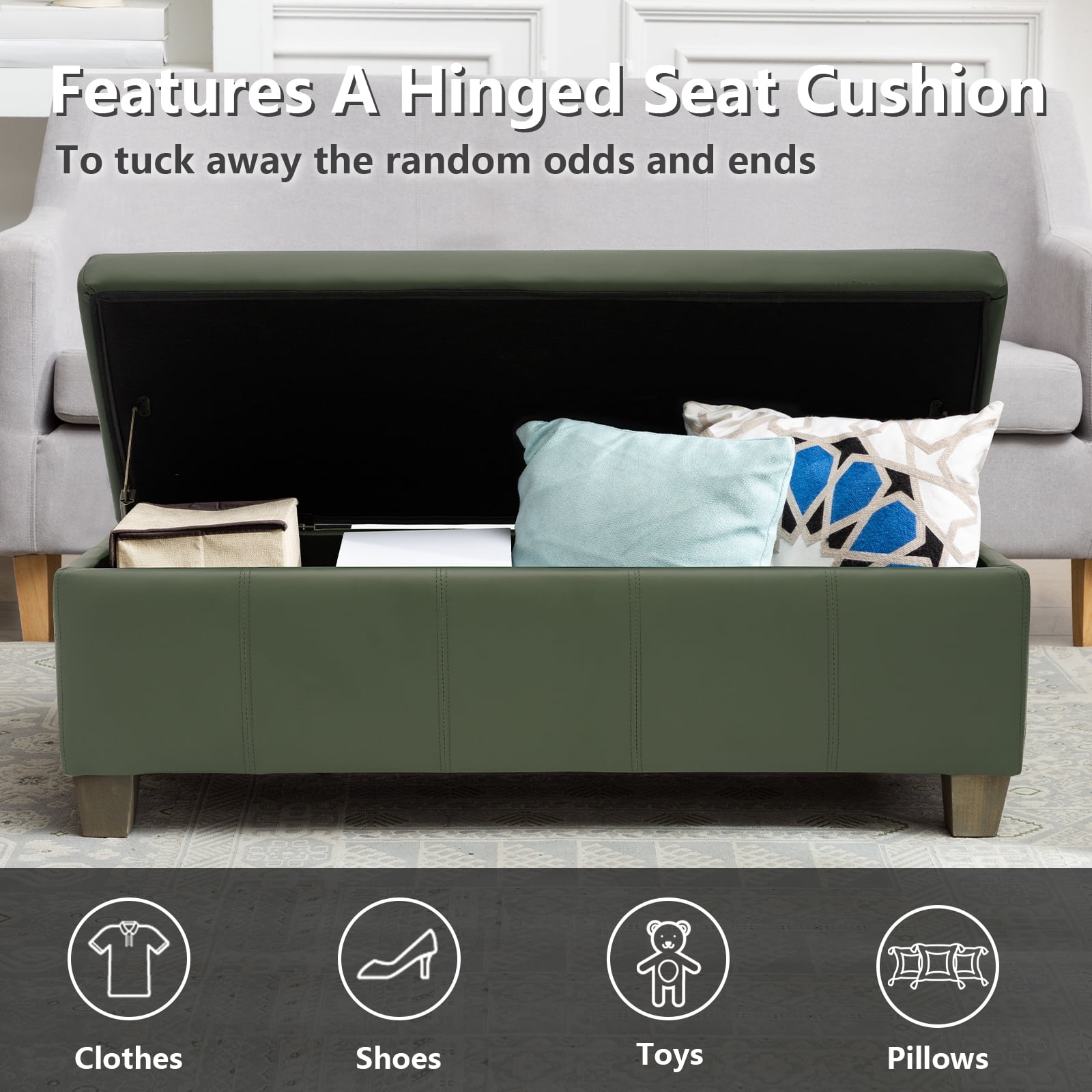 Foredo Rectangle Ottoman with Storage, Modern Faux Leather Bench with Solid Wood Legs, Ottoman for Living Room, Bedroom and Entryway, Green