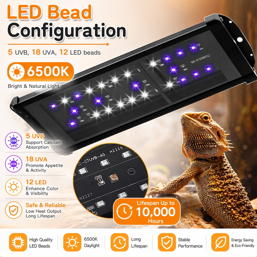 WISHRUN 22-Inch LED UVB Light for Reptiles, 26W Adjustable 10.0-20.0 UVA UVB Lamp with Dimmer & Timer, Full Spectrum Sun Light for Bearded Dragon, Turtles, Snake Terrarium Tank