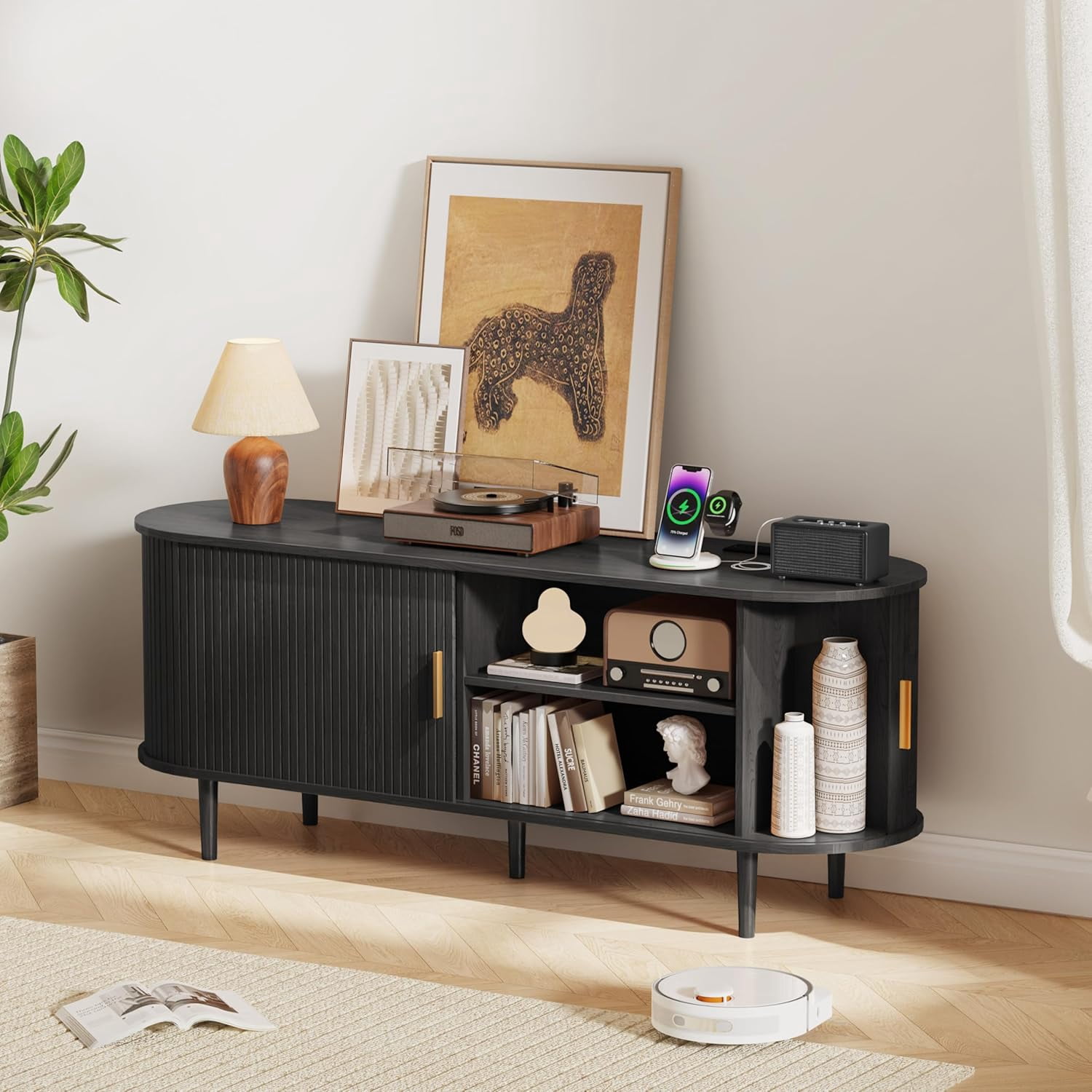 55 Inch Mid-Century Modern TV Stand with Power Outlet for TVs up to 60 Inches, Entertainment Center with Sliding Doors, Adjustable Shelves and Storage, Media Console for Living Room, Black
