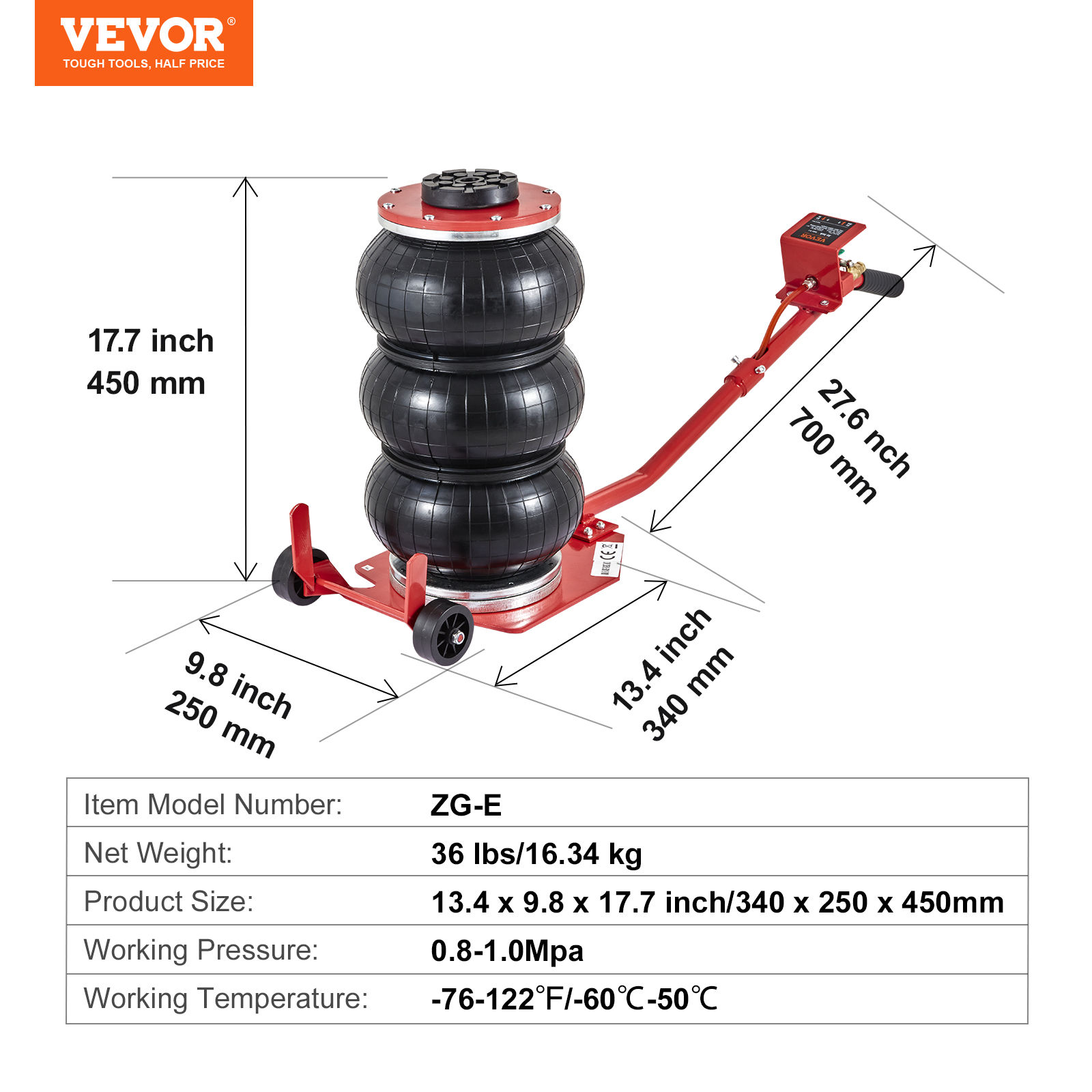 VEVOR Air Jack, 3 Ton/6600 lbs Triple Bag Air Jack, Airbag Jack with Six Steel Pipes, Lift up to 17.7 inch/450 mm,3-5 s Fast Lifting Pneumatic Jack,with Long Handles for Cars, Garages,Repair, (Red)