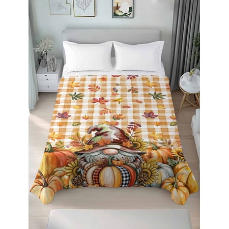 Twin XL Flat Sheet Only Autumn Fallen Leaf Gnome Soft Microfiber Cooling Bedding Sheets Thanksgiving Pumpkin Buffalo Check Flat Bed Sheet for Hotel Home Decor