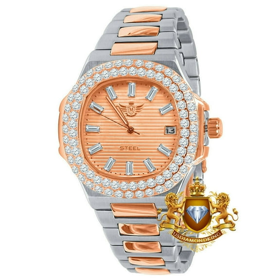 Men's Solid Steel 18K 2 Tone Rose Gold Simulated Diamond 36 mm Watch W/Date