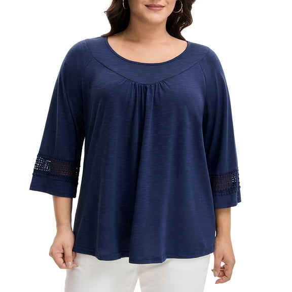 Agnes Orinda Women's Plus Size Tops Long Sleeve Crochet Panel Hollow Out Pleated Casual Tunics Blouse 1X Blue