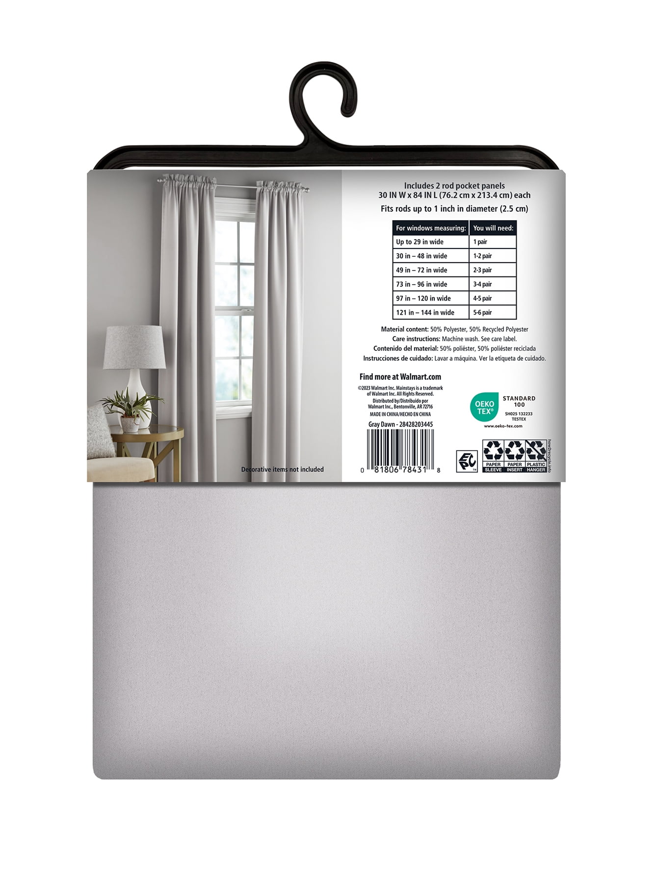 Mainstays Blackout Curtain Panel Pair, Set of 2, Grey Dawn, 30"W x 84"L