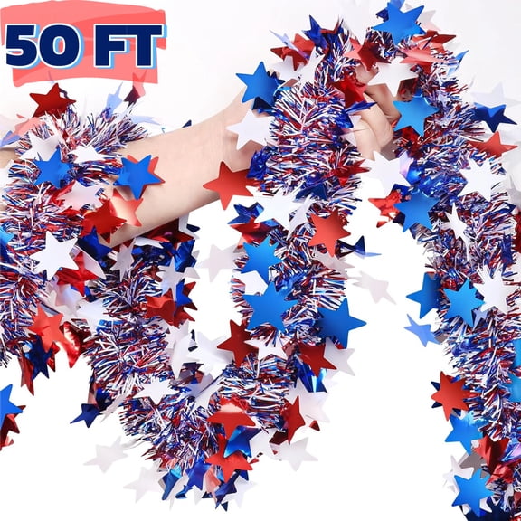 50FT Patriotic Tinsel Garland, Red White Blue 4th of July Decorations for Party Porch Mantel Indoor Outdoor Decor