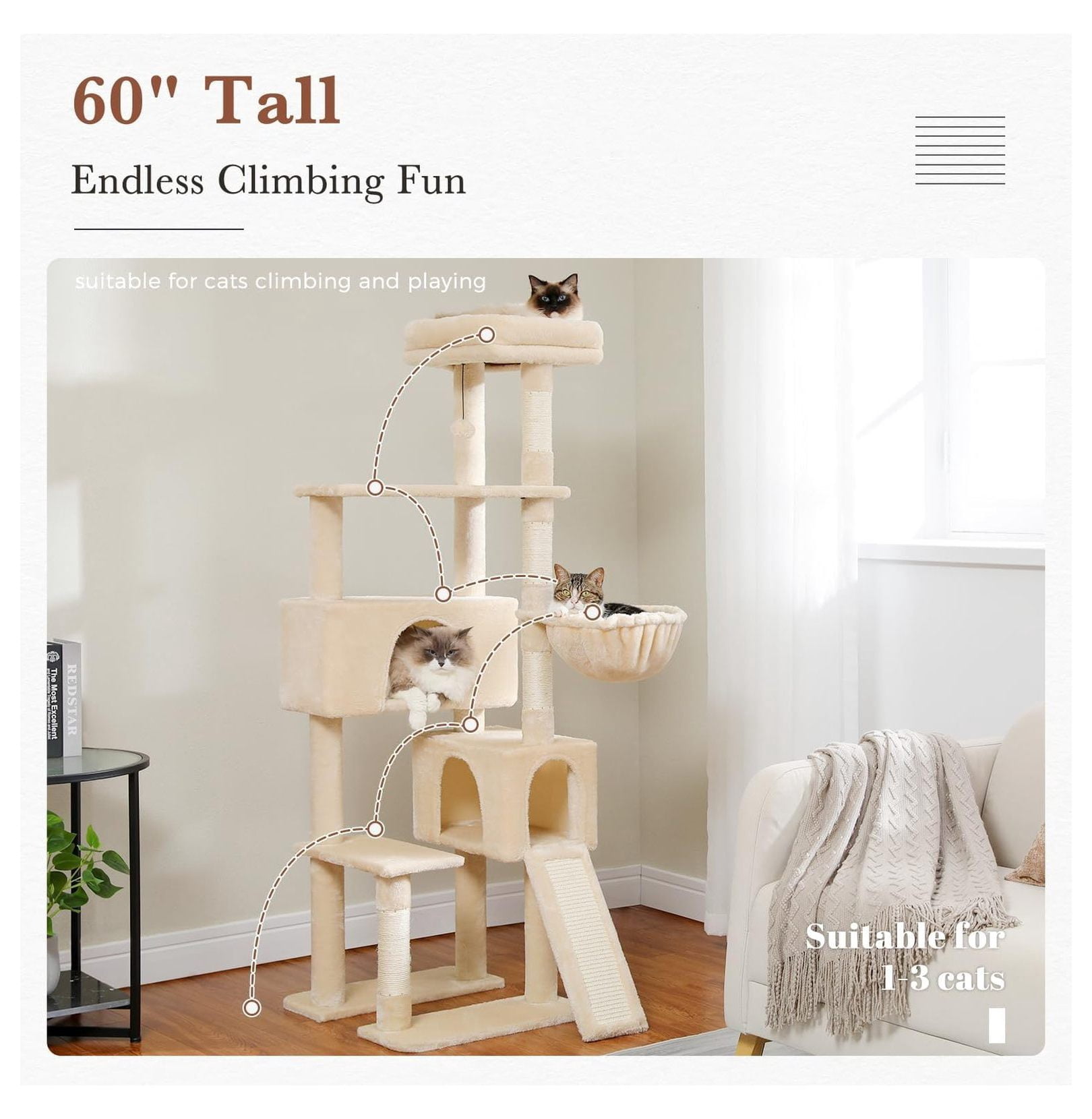 60'' Cat Tree Tower, Large Cat Condo with Scratching Posts, Cozy Hammock, Beige Indoor Cat Climbing Tower for Adult Cats