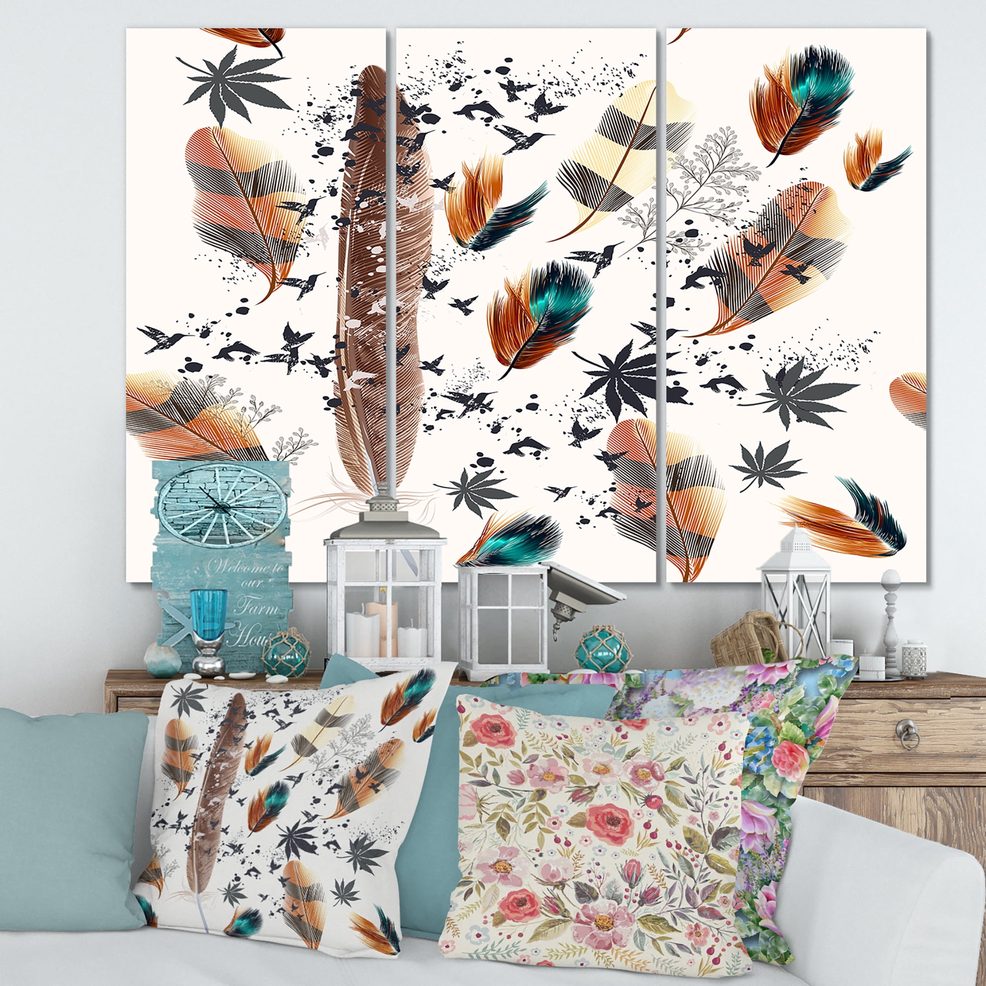 Designart ' Multicolored Feather Pattern With Floral ' Bohemian & Eclectic Canvas Wall Art Print