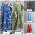 thumbnail image 3 of Vestido vintage de lino de algodón para mujer, estampado floral, cuello redondo, media manga, b MABOTO Vestido de lino de algodón, 3 of 7