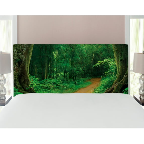 Tropical Headboard, Tropical Jungle Forest Trees Pathway Foliage Wilderness Nature Landscape Picture, Upholstered Decorative Metal Bed Headboard with Memory Foam, Full Size, Green Brown, by Ambesonne