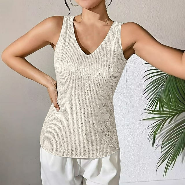 Timegard Sequin Tops for Women Sparkly V Neck Tank Tops Fitting Solid Color Sleeveless Party Club Tee Shirts