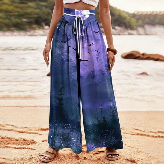 WXLWZYWL Halloween Pants for Women Women's Comfy Stretch Pants Casual Palazzo Sweatpants Bat Print Drawstring Wide Leg Pant Lounge Elastic Waist Sweatpant