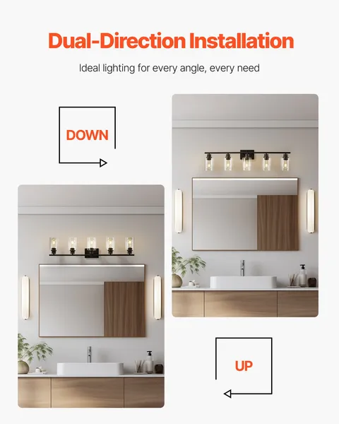 Modern 5-Light Bathroom Vanity Lighting Fixture,37.1-Inch Clear Glass Shade Wall Light for Living Room,Bedroom,Hallway,E26 Base,60W(Bulbs Not Included)
