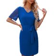 thumbnail image 1 of Vestido cruzado con nudo en la cintura, vestido informal de verano con manga corta y cuello en V para uso diario, vacaciones, playa, azul XL, 1 of 5