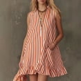 thumbnail image 2 of Women's Vertical Striped Dress, Casual Sleeveless Zip-up V Neck Mini Dress, Ruffle Hem Shift Summer Sundress with Pockets, 2 of 7