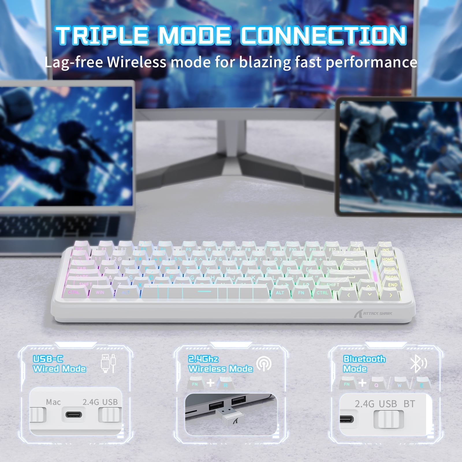 ATTACK SHARK X82PRO HE 75% Wireless Rapid Trigger Magnetic Keyboard, 8K Wired Gaming Keyboard, Hall Effect Switches Adjustable Actuation, QWERTY, RGB Backlit, C01 RGB Coiled Cable -White