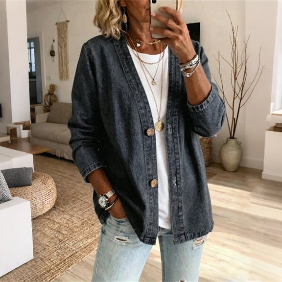 Resicozy Womens Denim Jacket Relaxed Fit 2026 Lightweight Casual Breathable Stretch Button Front Long Sleeve Cardigan Coat Black L