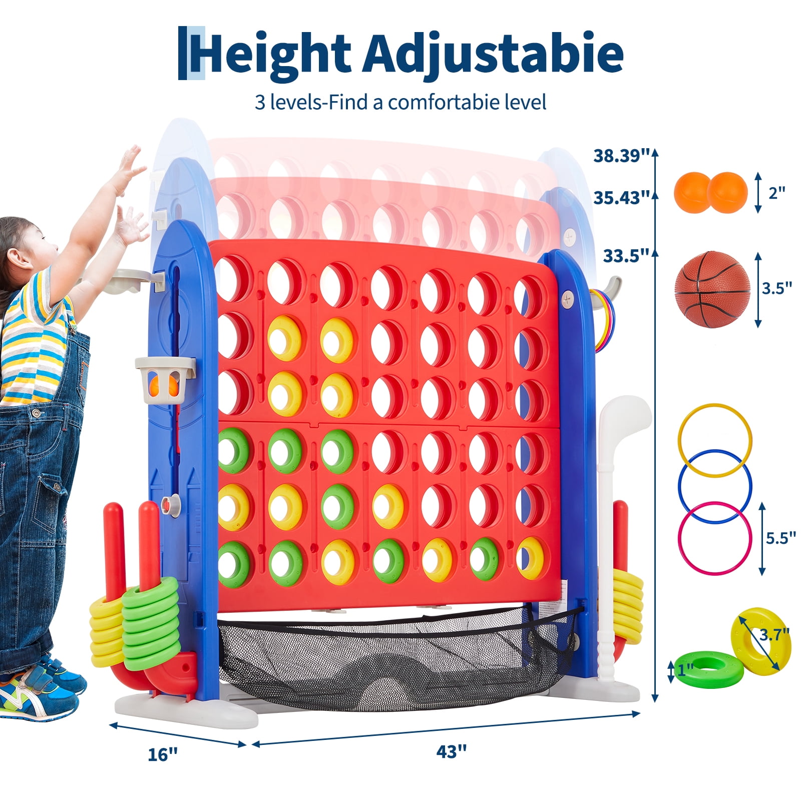 4-in-1 Giant Floor Board Game Set – Adjustable Height Connect, Basketball, Golf, Ring Toss – Mesh Storage Bag – Indoor/Outdoor Family Game for Kids & Adults – USA Version