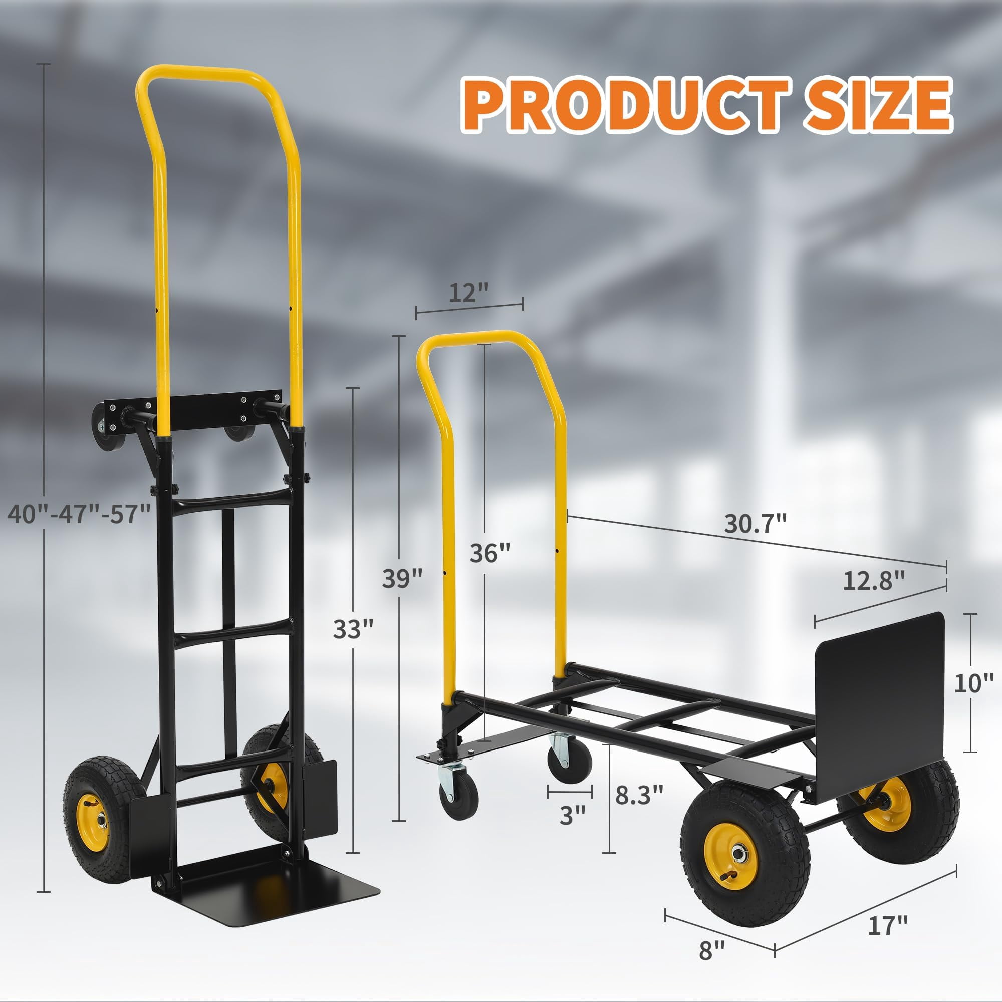 2-in-1 Convertible Hand Truck, 800 lbs Heavy Duty Dolly Cart, Folding Metal Frame with 4 Wheels, Ideal for Moving, Warehouse, Garden and Shopping