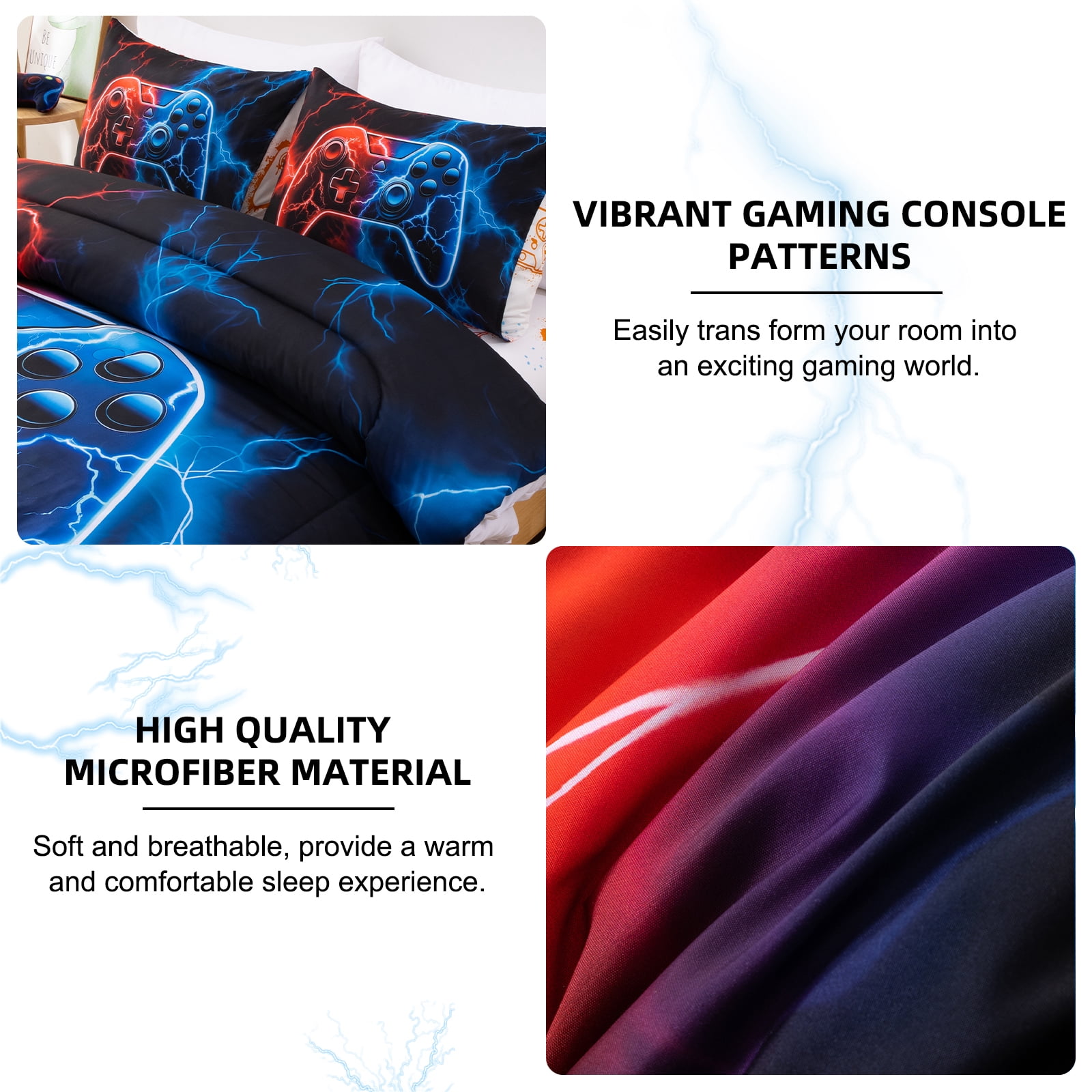 Btargot 3 Piece Lighting Game Red Blue Comforter Set Twin Neon Gamepad Kids Boys Bedding Set