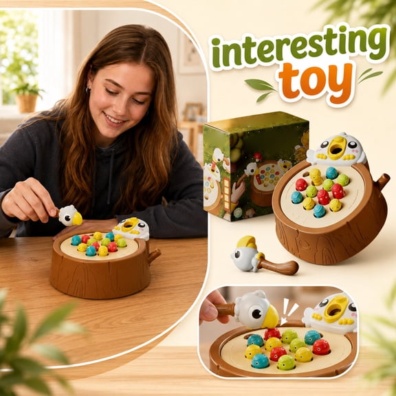 Magnetic Fishing Playset, Pretend Play, Student Toys for 1 Year Old, Kids Birthday Gift, 9 Inch Diameter Tree Stump Base, 1 Stylish Woodpecker Fishing Rod, 12 Soft Caterpillar