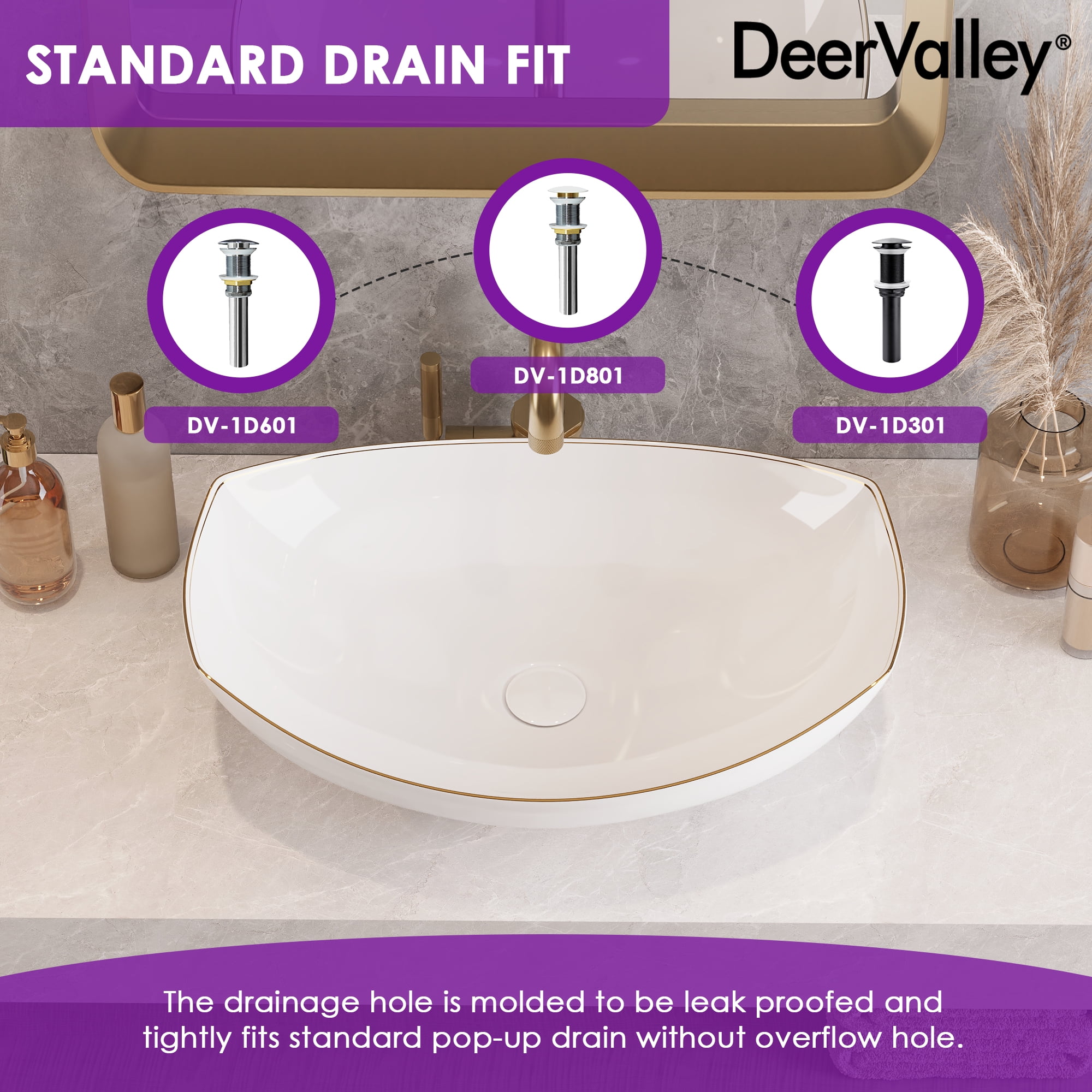 Deervalley 22" X 16" Boat-Shaped Ceramic White Vessel Sink Bathroom Sink With Gold Striped Edges DV-1V0319