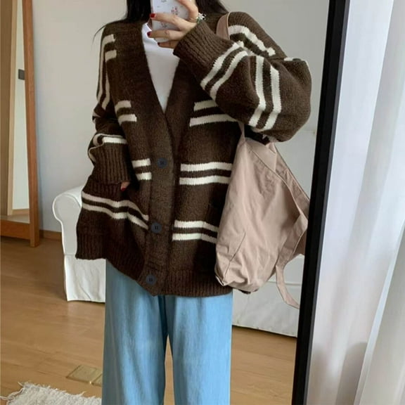 Dolkfu Striped Sweater Women Button Up Brown V Neck Sweater Coat with Pocket Casual Cardigan Womens Winter Tops