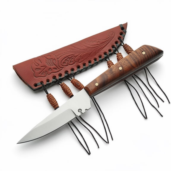 SZCO 5.75" Small Patch Knife, Full Tang Burlwood Handle with Brass Pins, Stainless Steel Fixed Blade Utility Tool with Leather Sheath for Hunting and Crafting