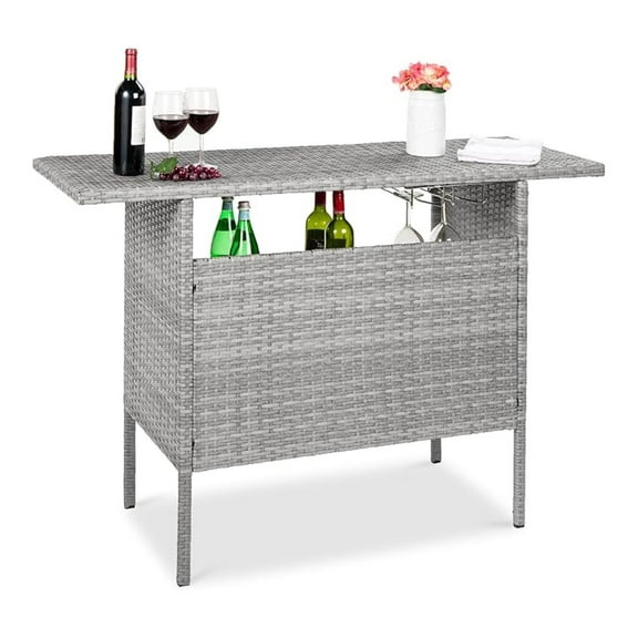 Yunken Outdoor Patio Wicker Bar Table with 2 Steel Shelves & Rails, Backyard Counter Height Furniture - Gray