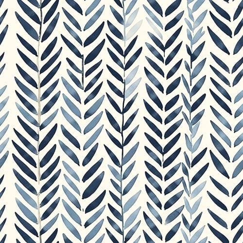 Peel and Stick Wallpaper,Blue and White Boho Vintage Wallpaper,17.3"x78.7",Herringbone Leaf Floral Self-Adhesive Wall Paper for Bathroom Bedroom Wall Cabinet Drawer,Contact Paper,US03-2