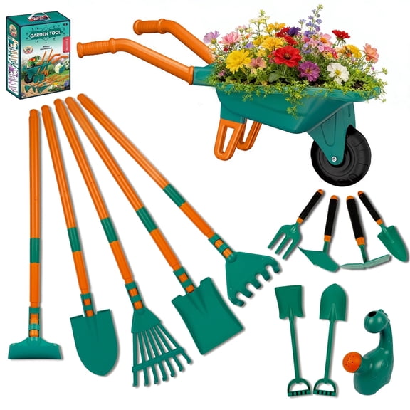 VOROLAK Kids Gardening Tools Set with Wheelbarrow & Watering Can, 13 PCS Garden Tool Kit for Toddlers - Include Shovel, Rake, Leaf Rake | Outdoor Gardening Gifts for Boys Girls Age 3-8 (Green)
