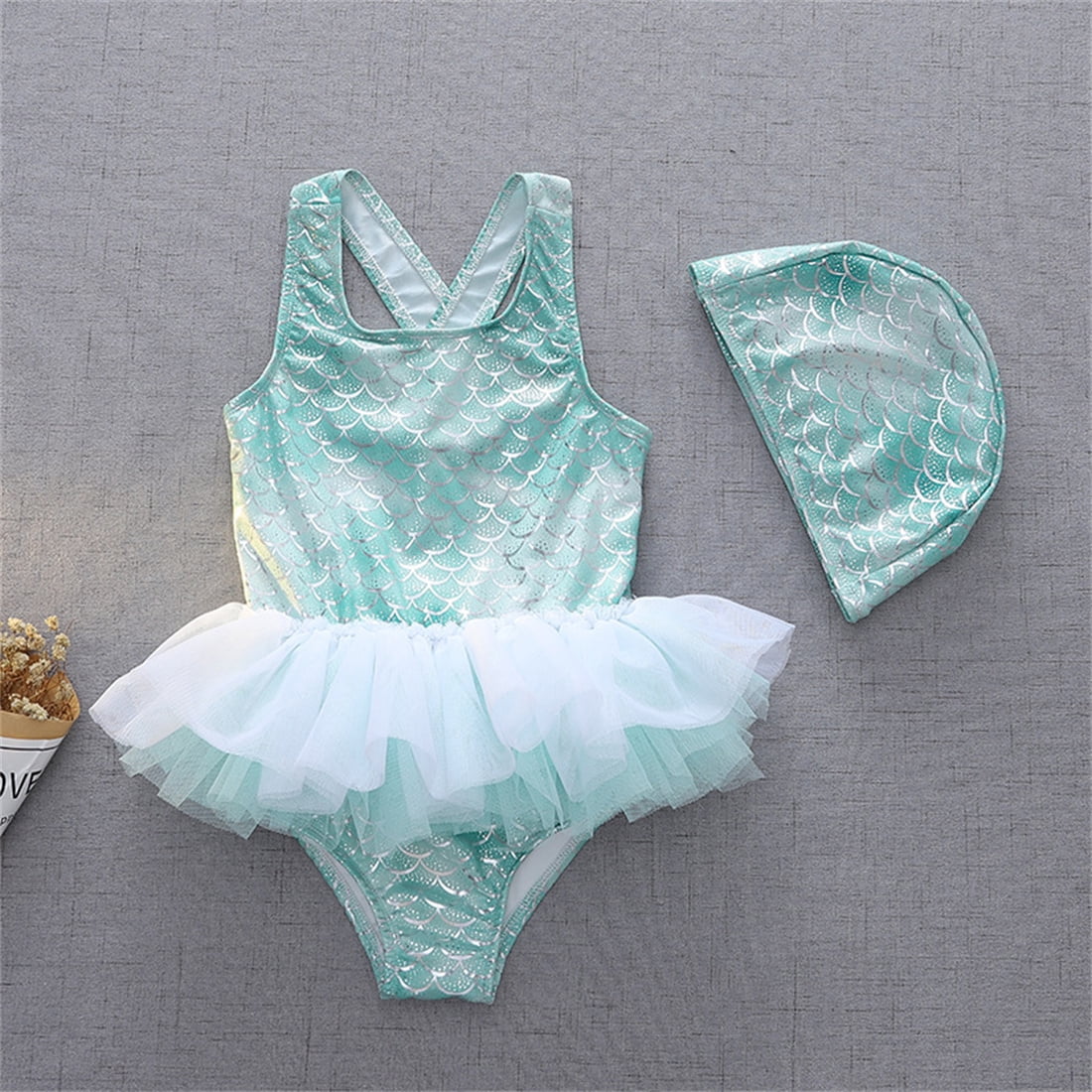 Toddler One Piece Swimsuit 38T Girl Ruffle Mermaid Print Tulle One